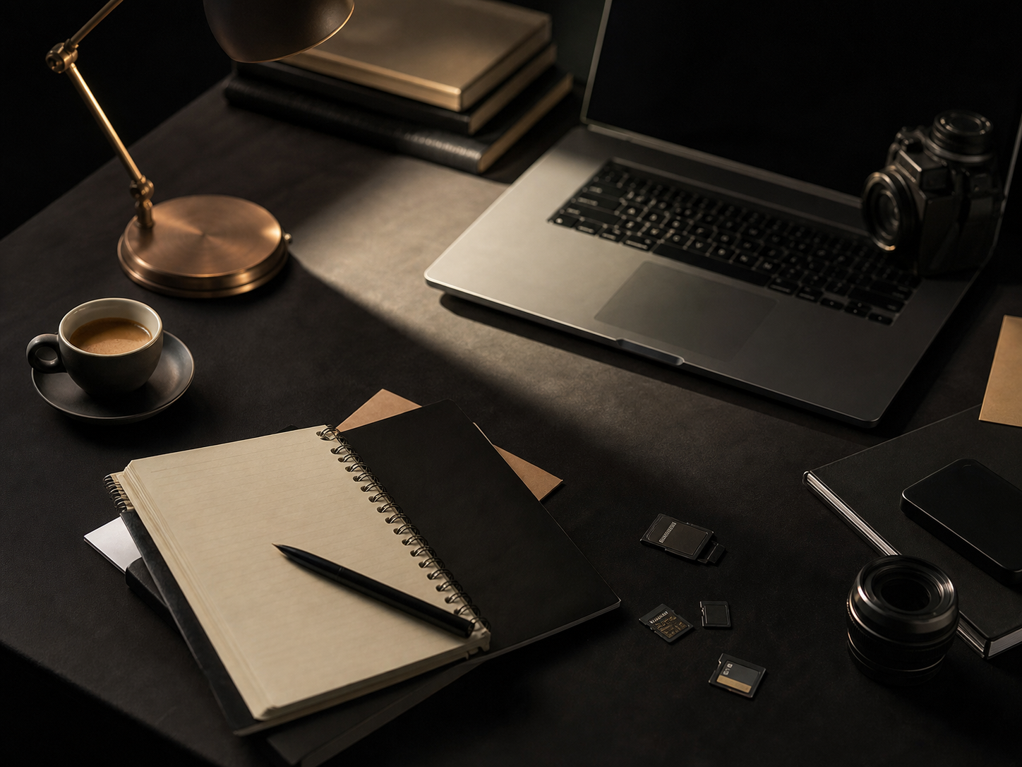 Scrivania con attrezzatura fotografica e materiali per un brief