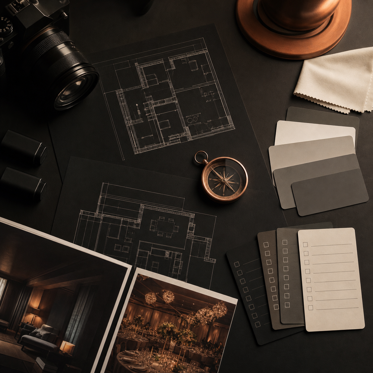 Tavolo con materiali di pianificazione per una sessione fotografica